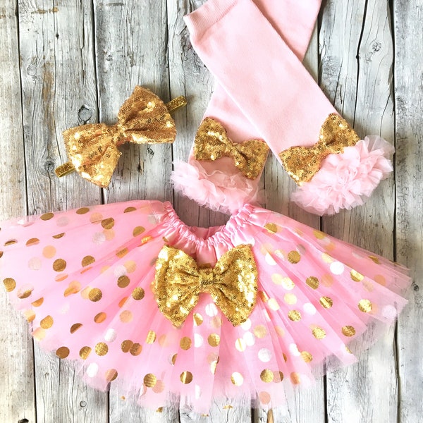 Pink and gold tutu, pink legwarmers, gold sequin headband, pink gold birthday outfit, cake smash outfit, first birthday, second birthday