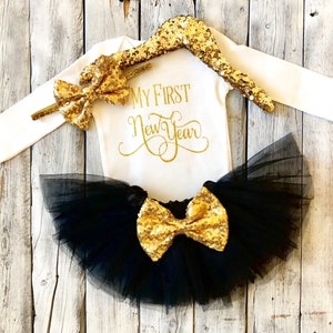 Baby girl first New Years outfit, My 1st New Years outfit, newborn New Years, 1st New Years outfit, black gold, tutu outfit