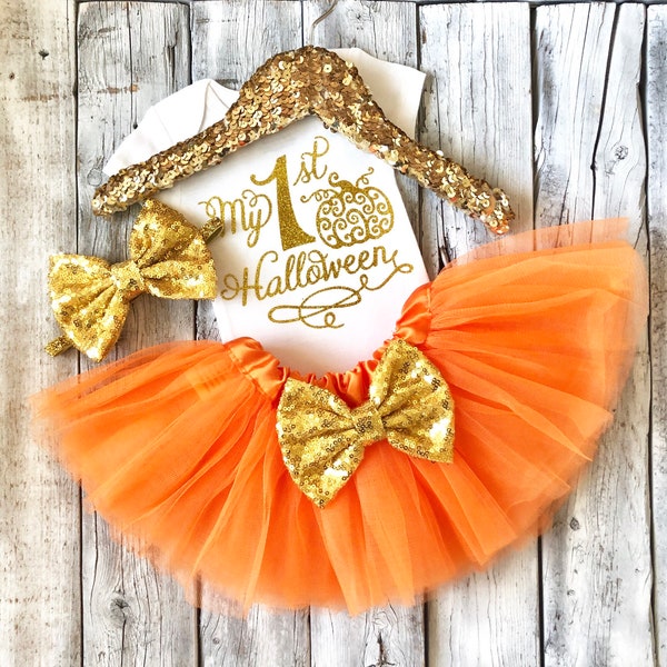 Baby girl Halloween outfit, 1st Halloween outfit, first Halloween outfit, My first Halloween, orange gold, tutu outfit, newborn, baby girl