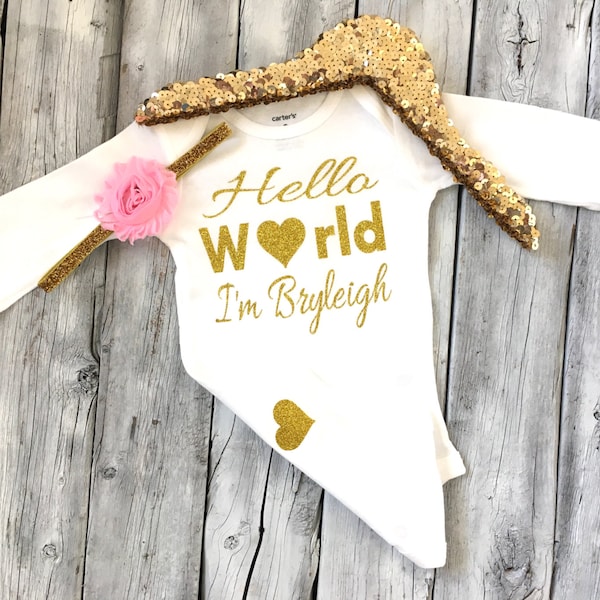 Gold glitter hello world bodysuit and headband set, take home outfit, hospital outfit, hello world bodysuit, baby shirt, shabby headband