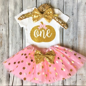 Girls pumpkin 1st birthday outfit, pumpkin first birthday outfit, pink gold birthday outfit, one pumpkin birthday one pumpkin outfit pink