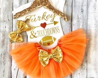 Baby girl thanksgiving outfit, turkey and touchdowns, football thanksgiving outfit, newborn girl, 1st thanksgiving first thanksgiving outfit