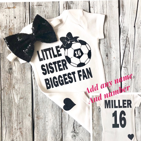 Little sister biggest fan soccer outfit, sister soccer bodysuit, soccer outfit, newborn girls soccer outfit, personalized soccer, little sis