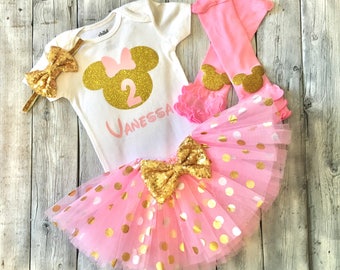 pink and gold minnie mouse second birthday outfit, 2nd birthday pink and gold minnie outfit, minnie mouse second birthday, pink and gold