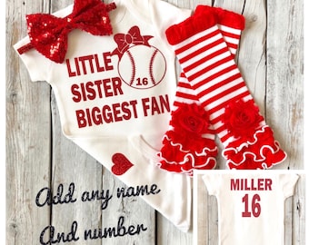 Little sister biggest fan baseball outfit, sister baseball bodysuit, baseball outfit, newborn girls baseball outfit, personalized baseball