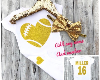 Gold football bodysuit sister football Baby football bodysuit, toddler football shirt, football outfit, football shirt and headband set