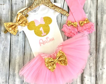 Pink and gold Minnie Mouse first birthday outfit, minnie birthday outfit, pink Minnie Mouse birthday, pink and gold Minnie Mouse birthday