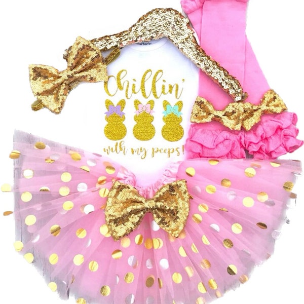 Baby girl Easter outfit, Chillin with my peeps easter outfit, 1st easter outfit, first easter outfit, pink gold, newborn easter outfit, tutu