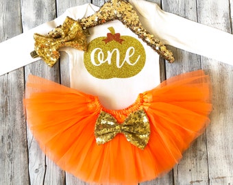 Girls pumpkin first birthday outfit, pumpkin 1st birthday outfit, orange gold birthday outfit, one pumpkin bodysuit one pumpkin outfit, gold