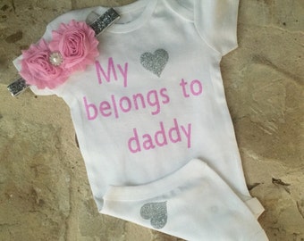 My heart belongs to daddy bodysuit, pink and silver, hospital outfit, take home outfit, daddy shirt, pink silver my heart belongs to daddy