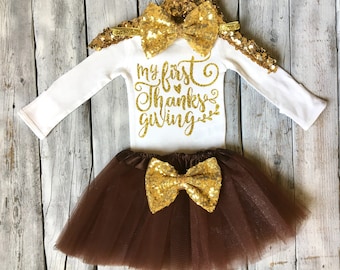 Girls first thanksgiving outfit, 1st thanksgiving outfit, baby girl, newborn girl, brown, gold, my first thanksgiving, tutu outfit