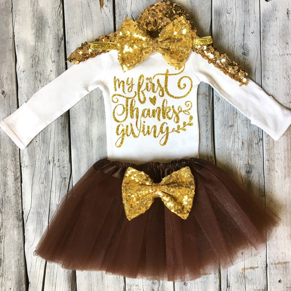 Girls first thanksgiving outfit, 1st thanksgiving outfit, baby girl, newborn girl, brown, gold, my first thanksgiving, tutu outfit