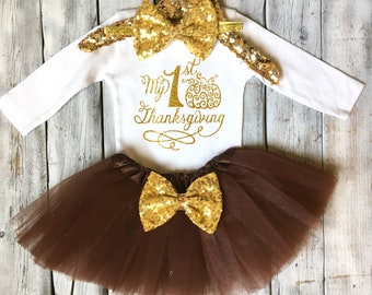 Baby girl Thanksgiving outfit, baby girl 1st thanksgiving outfit, brown and gold, tutu outfit, Thanksgiving outfit, newborn girl, baby girl
