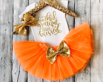 Baby girl Thanksgiving outfit, first thanksgiving outfit, girls thanksgiving outfit, orange gold tutu, thankful grateful blessed, newborn