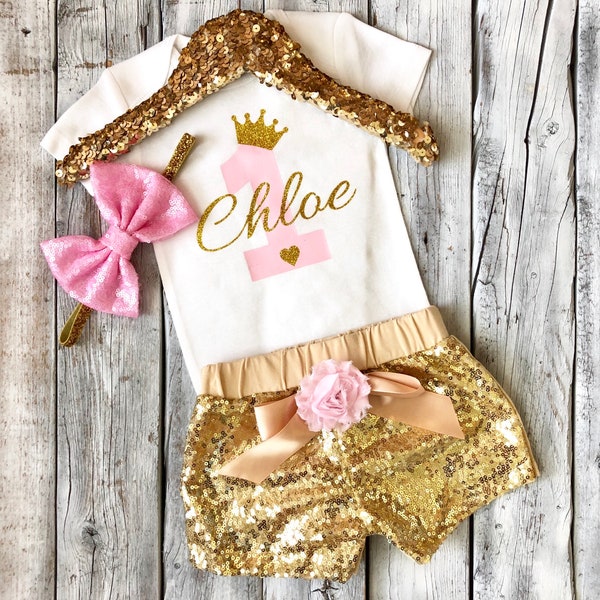 Girls pink and gold first birthday outfit, 1st birthday outfit girls, pink gold, gold birthday shorts, personalized birthday outfit, gold
