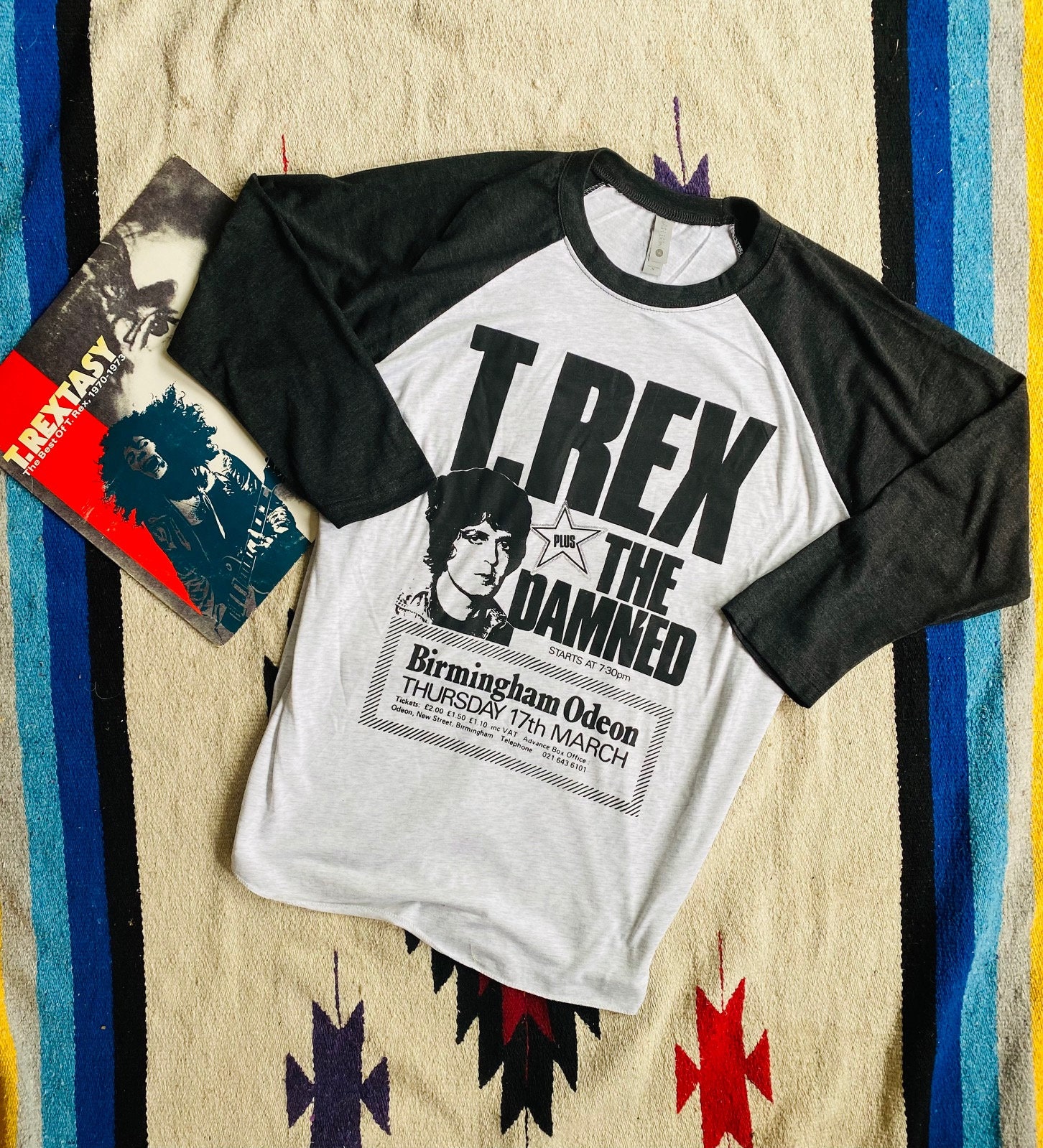 T REX Marc Bolan Damned concert tee shirt Unisex  Baseball Raglan Hand Screenprinted Retro Glam