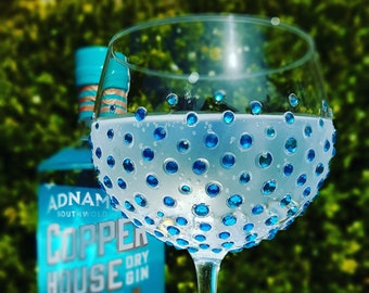 Personalised Gin Glass, Blue, Aqua, Gin Goblet, Hand decorated, Bridesmaid, Gift for her, Gin Gift, Hand Engraved, Rhinestone, Copa