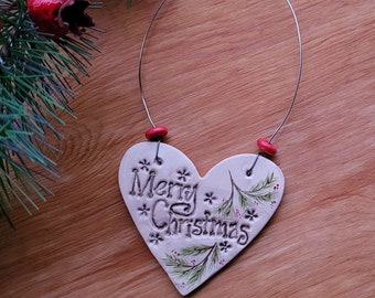 Merry Christmas Clay Ornament, Heart stamped and Hand painted Ornament, Hand painted wreath