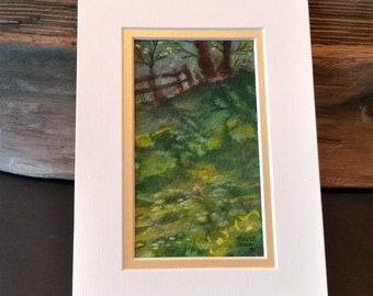 Field of yellow - Fence with trees - Original miniature watercolour painting