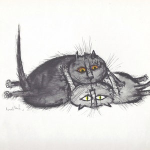 Cartoon Cats in Love Art Print por Ronald Searle/ Funny Cat couple, lovers Ilustración, humor, Wall Art Decoración para enmarcar/ 9 X 9"