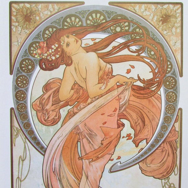 Art Nouveau Art Print par Alphonse Mucha/ Dance, l’une des quatre Muses Color Book Plate pour cadrage/ 9 X 11 3/4 »