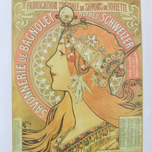 Art Nouveau Art Print autorstwa Alphonse'a Muchy/kobieta zodiaku w reklamie Savonnerie de Bagnolet i płyta z książką Four Seasons do oprawienia/9 1/4 x 11 3/4"