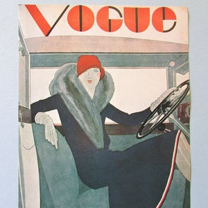 Vogue Magazine Cover Art Print/ Flapper in Fur and Motorcar by Pierre Mourgue, Fashion Illustration, Book Plate for framing/ 8 1/2 X 11 3/4