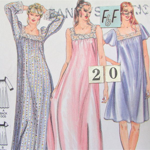 Women's Square Neckline Nightgown Sewing Pattern/ Butterick 3559 Easy, Loose Nightie, UnCut/ Size 20 Bust 42