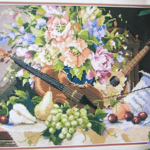 Violin, Music & Flowers Needlepoint Pattern/ Flowers and fruit, musical counted cross stitch chart for pillow or picture