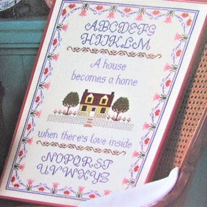Welcome Home Cross Stitch Sampler Pattern/ A home becomes a home when there&#39;s love inside counted colour cross stitch chart with house