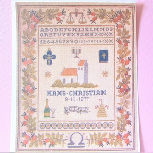 Balance Zodiac Cross Stitch Sampler Pattern/ The Scales Astrology, church & music, counted cross stitch chart, picture with alphabet