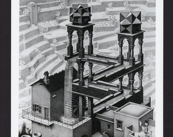 MC Escher Waterfall Art Print/ Modern Relativity, Optical Illusion Drawing, Architectural book plate to frame/ 10 1/4" X 13 1/2" H