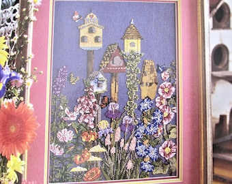 Flower Garden Birdhouses Cross Stitch Pattern/ Cross Stitch 1996. Colorful garden with butterflies picture counted cross stitch chart