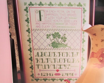 Irish Shamrock Sampler Cross Stitch Pattern/ Green cloverleaf counted cross stitch chart picture with alphabet