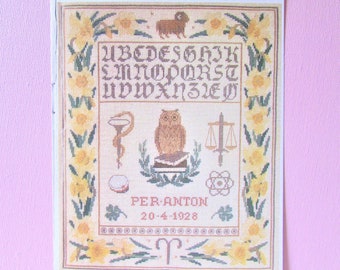 Aries Zodiac Cross Stitch Sampler Pattern/ The Ram Astrology, Owl & Scales, counted cross stitch chart, picture with alphabet