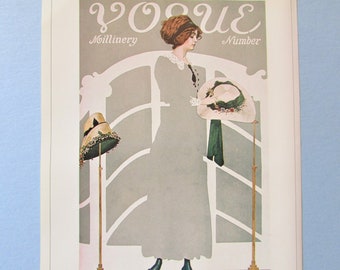 Vogue Millineray Magazine Cover Art Print/ Edwardian Woman with Hat, fashion illustration Book Plate for framing/ 8 1/2 X 11 1/4"