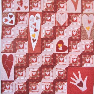 Valentine Hearts Log Cabin Quilt Pattern/ Applique & Pieced block pattern quilt for bedding, throw or wall hanging decor/ 49" X 63"