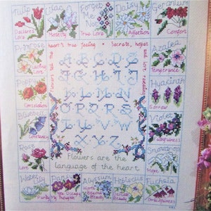 Wilde bloem, botanisch kruissteekpatroon / wilde bloem alfabet getelde kleur kruissteekkaart afbeelding: