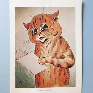 Singing Cat Art Print por Louis Wain/ Come Birdie Come, Funny Cartoon Cat people, lover, humor Wall Art Decor to frame/ 7" X 9"