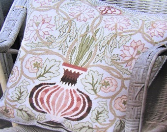 Flower Flowerpot Needlepoint Tapestry Pillow Pattern/ Traditional Floral needlework pattern by Beth Russell of William Morris design
