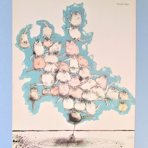 Cartoon Cat Acrobats Art Print por Ronald Searle/ "Family Man" Funny Cat lover Ilustración, humor, Decoración de arte mural para encuadres/ 8 X 11"