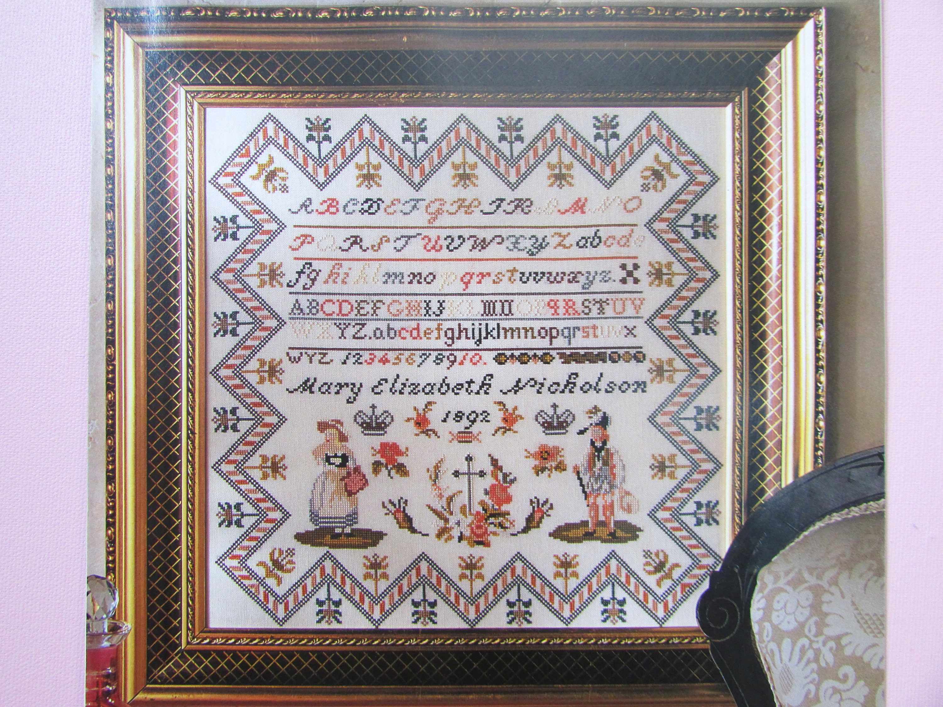 Girl's Victorian Cross Stitch Sampler Pattern/ 1800's Antique reproduction schoolhouse counted cross stitch chart, picture with alphabet