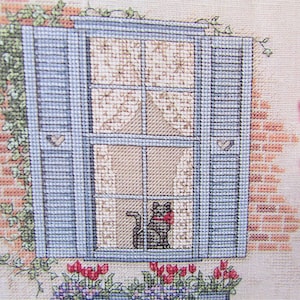 Cat, Flowers in Window Box Cross Stitch Pattern/ Window with shutters on brick house counted cross stitch chart, picture