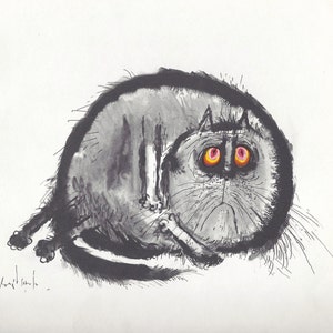 Cartoon Fat Cat Art Print von Ronald Searle/ "glutinous right wing" Lustige Katze Liebhaber Illustration, Humor, WandKunst Dekor zum Rahmen/ 9 X 9"
