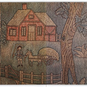 May include: A vintage needlepoint picture depicting a red brick house with a thatched roof, a tree, a fence, a person, a horse, and a cart. The picture is framed in a brown wood frame.