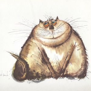 Cartoon Fat Cat Art Print von Ronald Searle / "Laborkatze" Lustige Katzenliebhaber Illustration, Humor, WandKunst Dekor zum Rahmen/ 9 X 9"