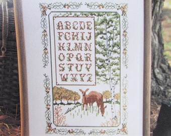 Deer Cross Stitch Sampler Pattern/ Woodland, wild animal grazing counted cross stitch chart picture with alphabet