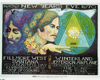 Santana & Jefferson Airplane Concert Poster/ Rock Music Poster, Fillmore West Art Print from 1969 for framing/ 10 3/4" X 8 1/4"