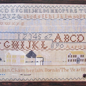 Antique Home & School Cross Stitch Sampler Pattern/ 1800's reproduction boy's counted cross stitch chart picture with alphabet