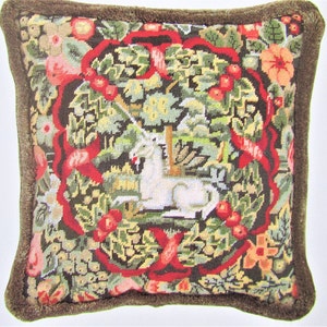Dutch Unicorn Needlepoint Tapestry Pillow Pattern/ Traditional needlework pattern, picture of flowers & berries with Oriental style